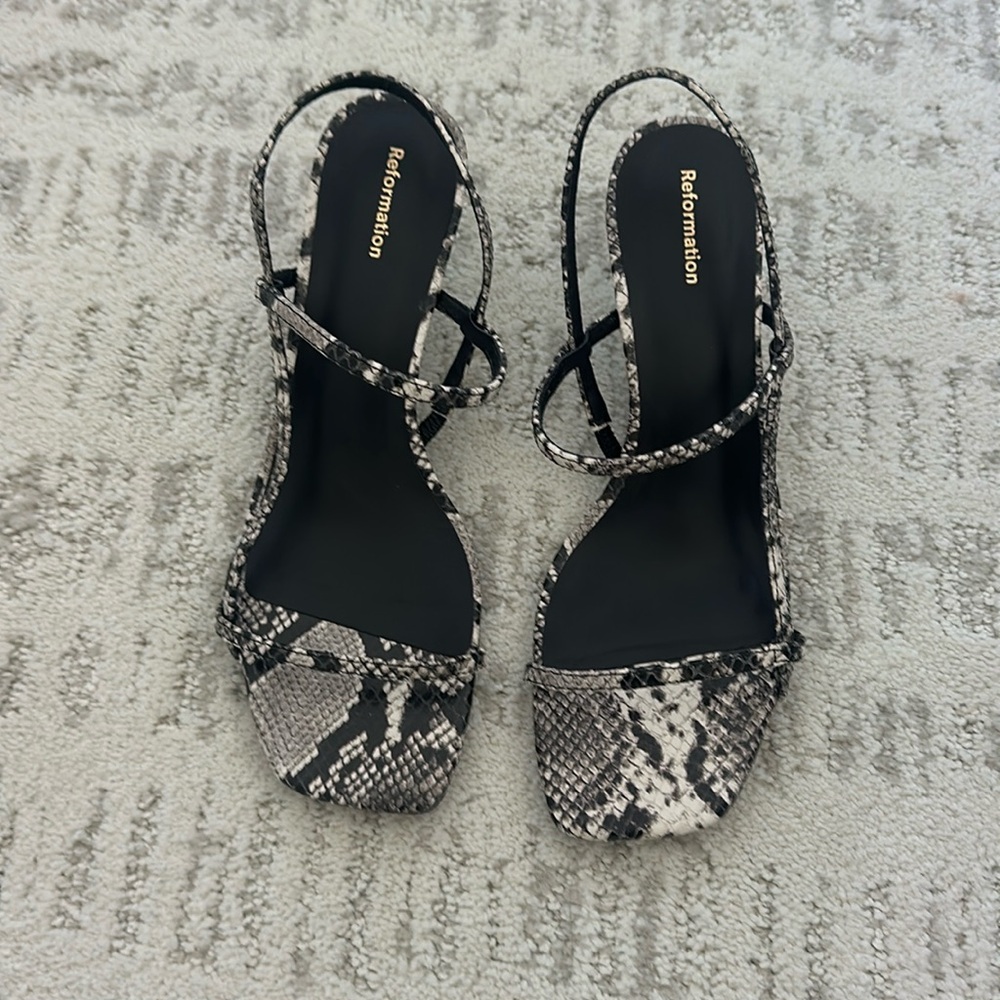Reformation Black and White Snake Print Sandals